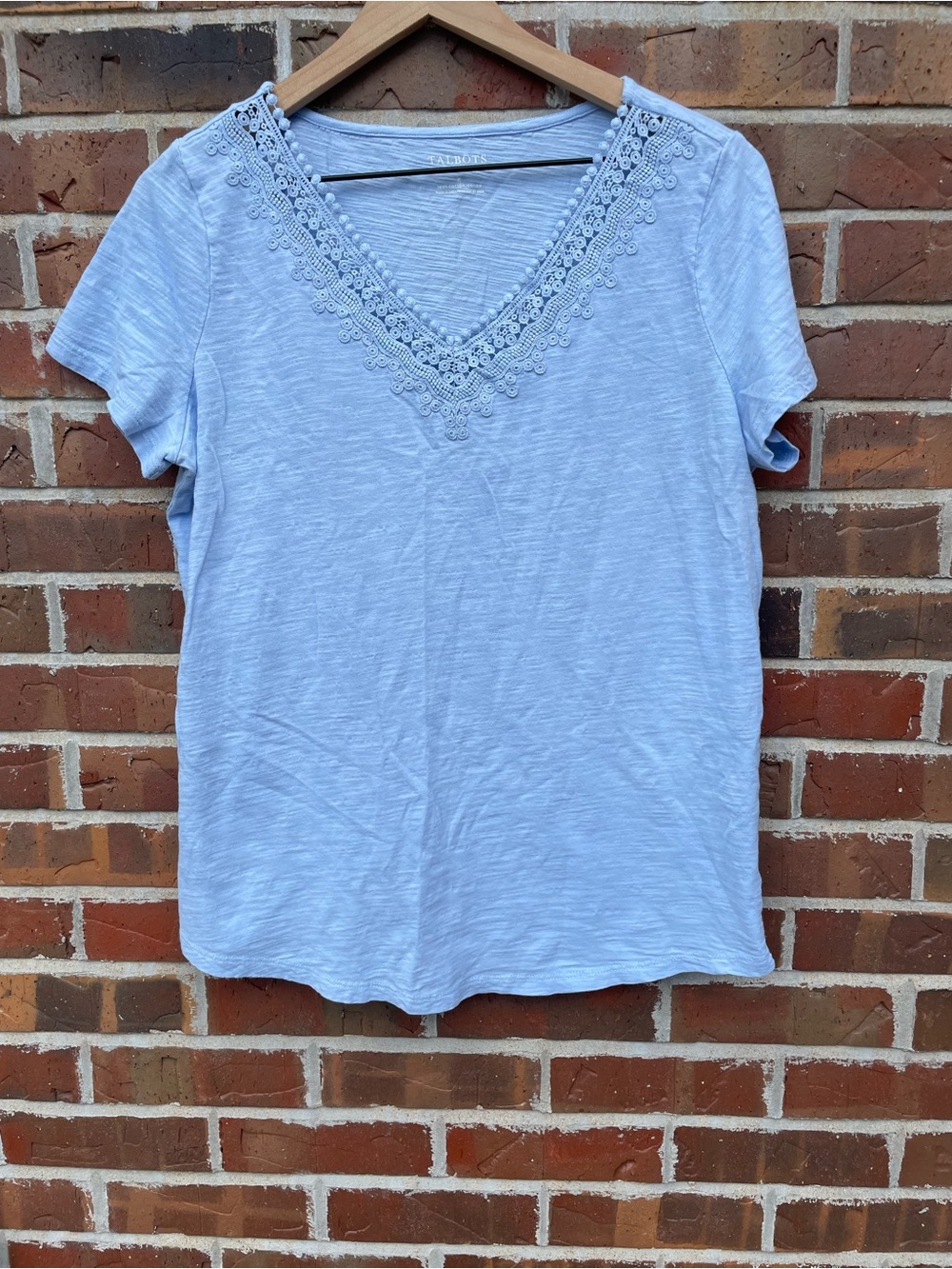 Talbots Light Blue V-Neck Tee with Crochet Trim